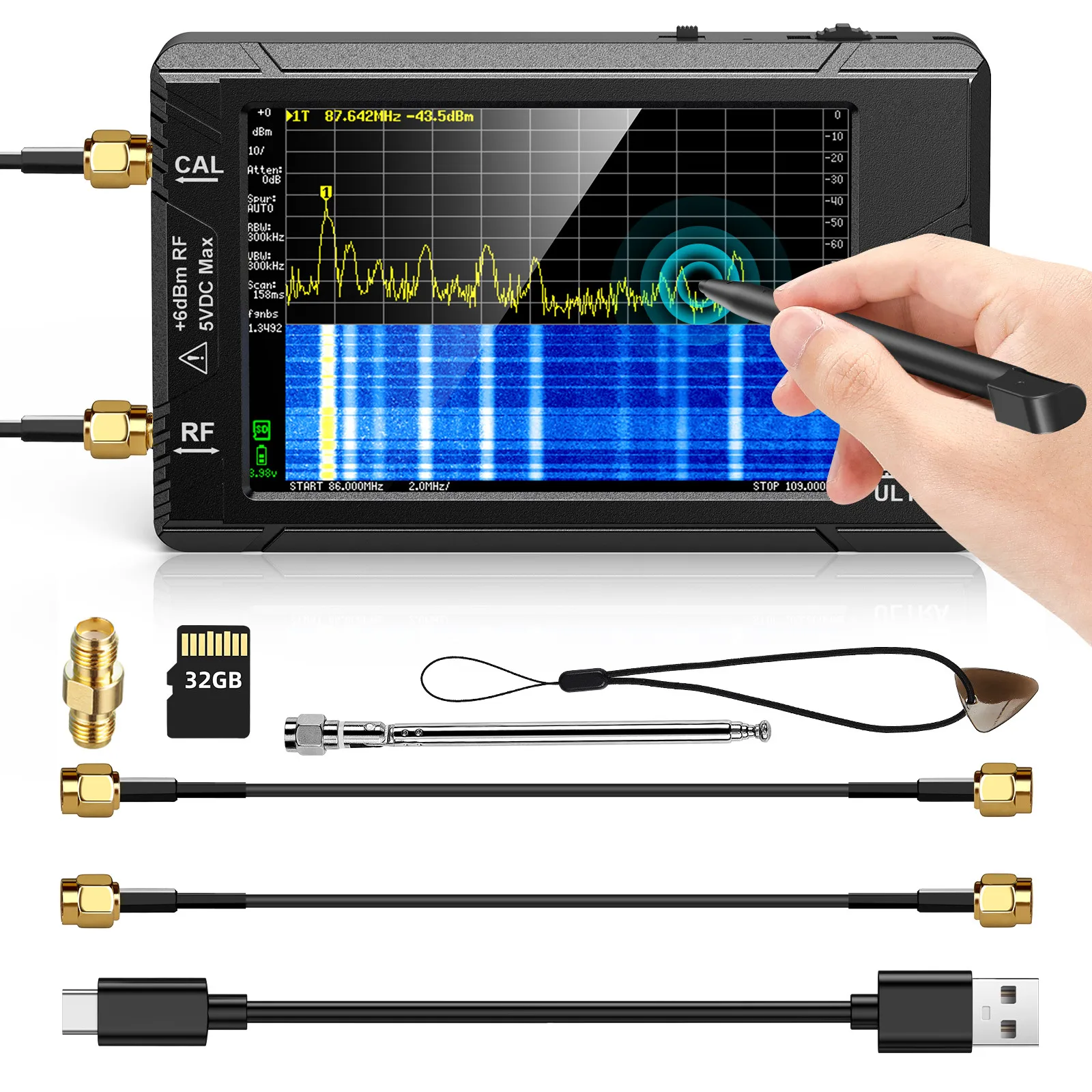 

New Handheld Tiny Spectrum Analyzer TinySA ULTRA 4" Display 100kHz to 5.3GHz with 32GB Card Version V0.4.5.1 Network Lan Tester