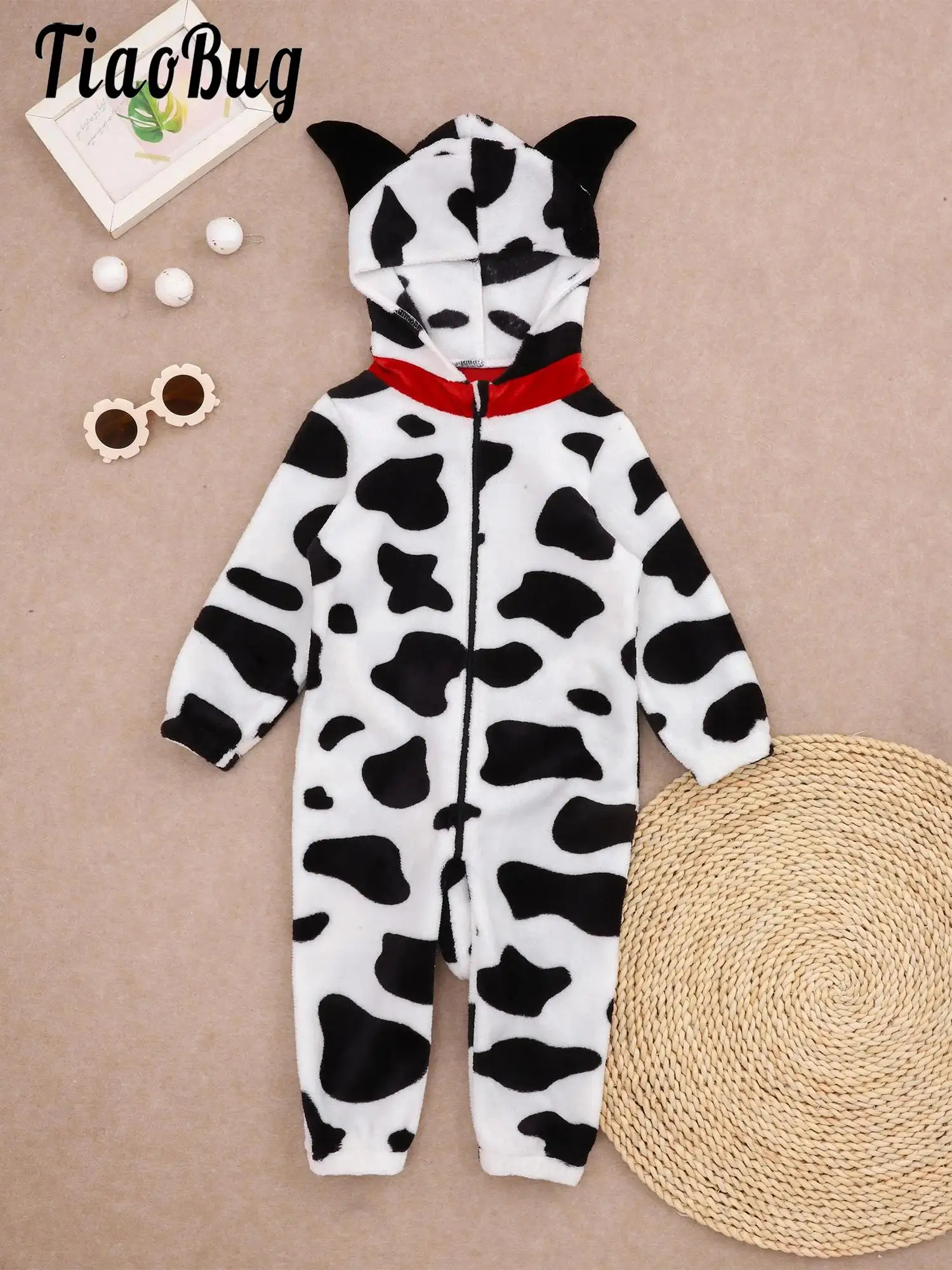 

Baby Boys Girls Dalmatian Costume One-Piece Cow Print Romper Ears Hood Back Tail Elastic Cuffs and Leg Open Jumpsuit