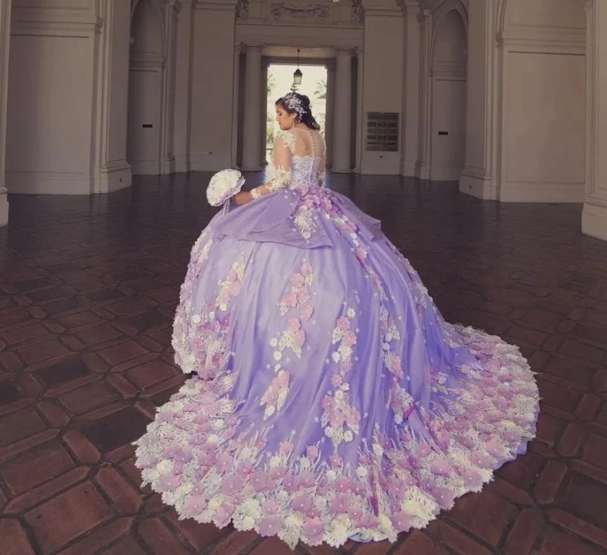 Vestidos Princesa Quinceanera, Vestido de baile, Manga comprida, Pérolas florais, 16 vestidos doces, 15 anos