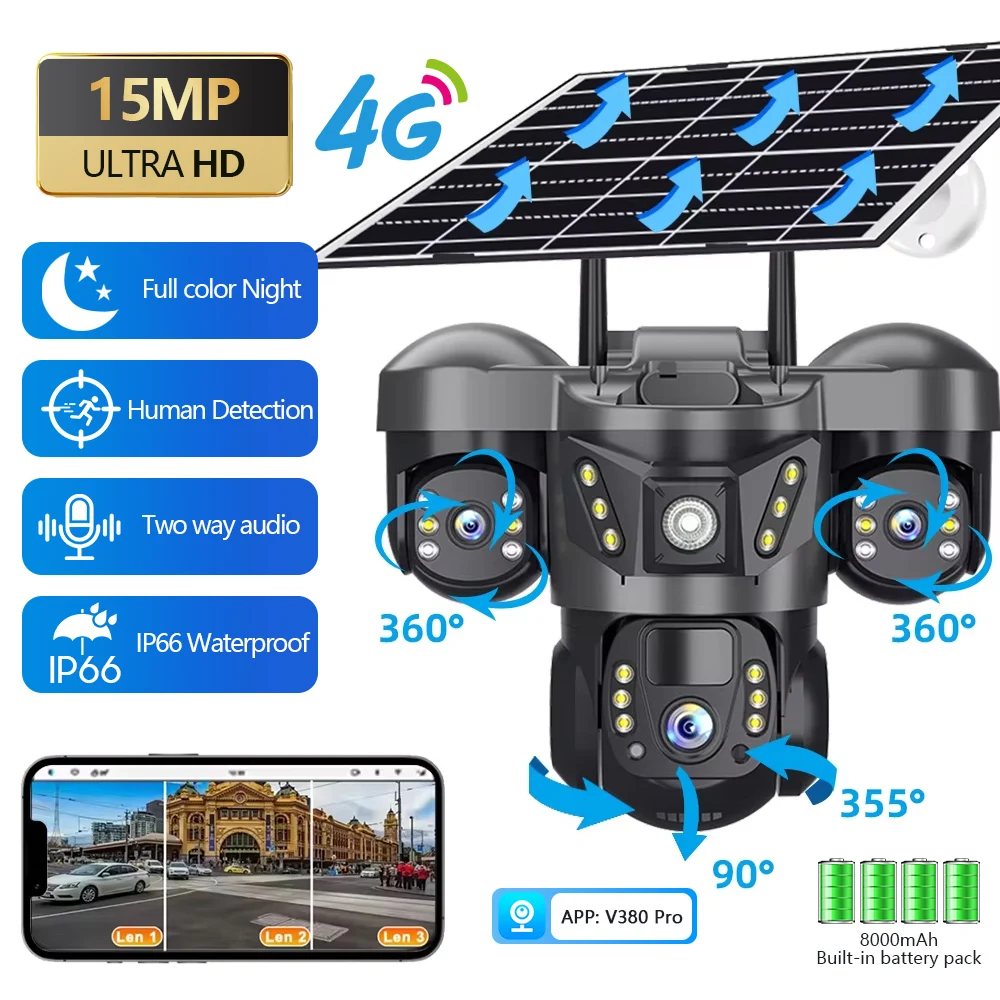 15 MP Dreifachobjektiv PTZ 10X Zoom Solarkamera Outdoor Dreifachbildschirm 4G SIM Secure 360 °   Drahtlose CCTV-Kamera mit automatischer Verfolgung für Smart Home