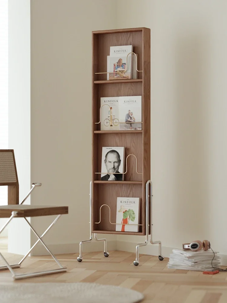 Turn around magazine rack retro movable magazine book display shelf with cork stainless steel pulley creative bookshelf.