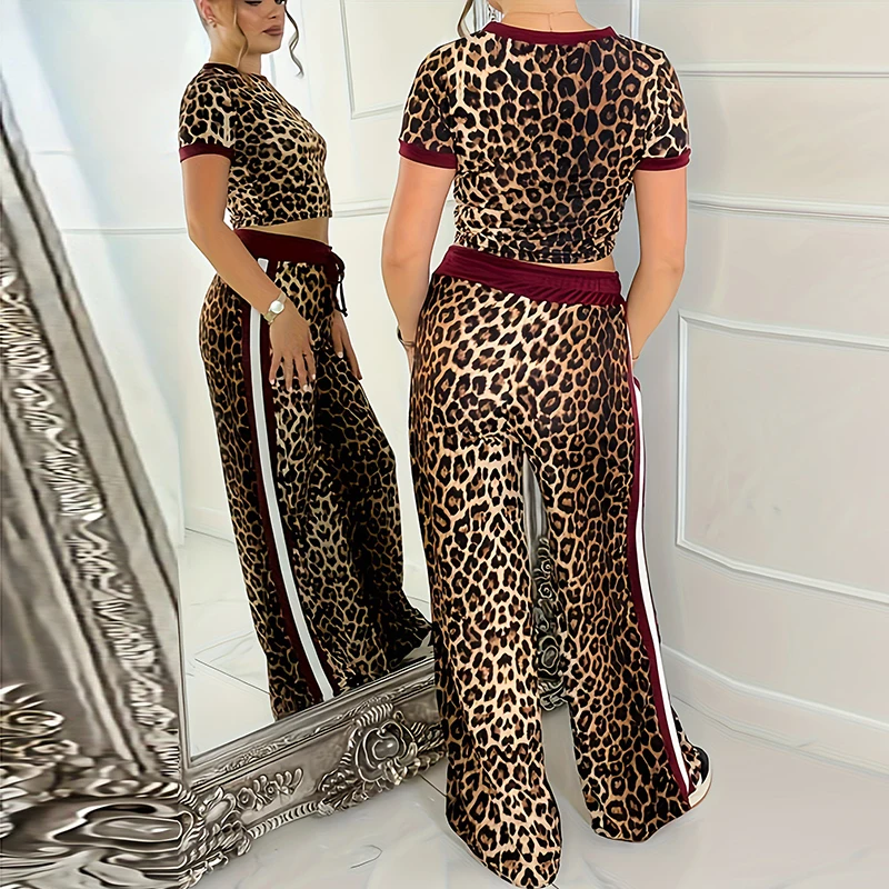 Fashion O-neck Pullover Top & Long Pant Set 2025 Women Casual Short Sleeve 2Pc Outfits Summer Elegant Leopard Print Sports Suits