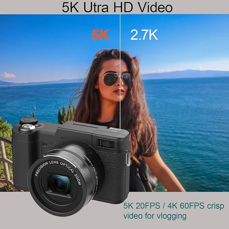 Câmera digital 5K, adequada para câmera YouTube 4K Vlogging, zoom 64MP 40X com tela flip de 3 polegadas e autofoco, zoom óptico anti-vibração