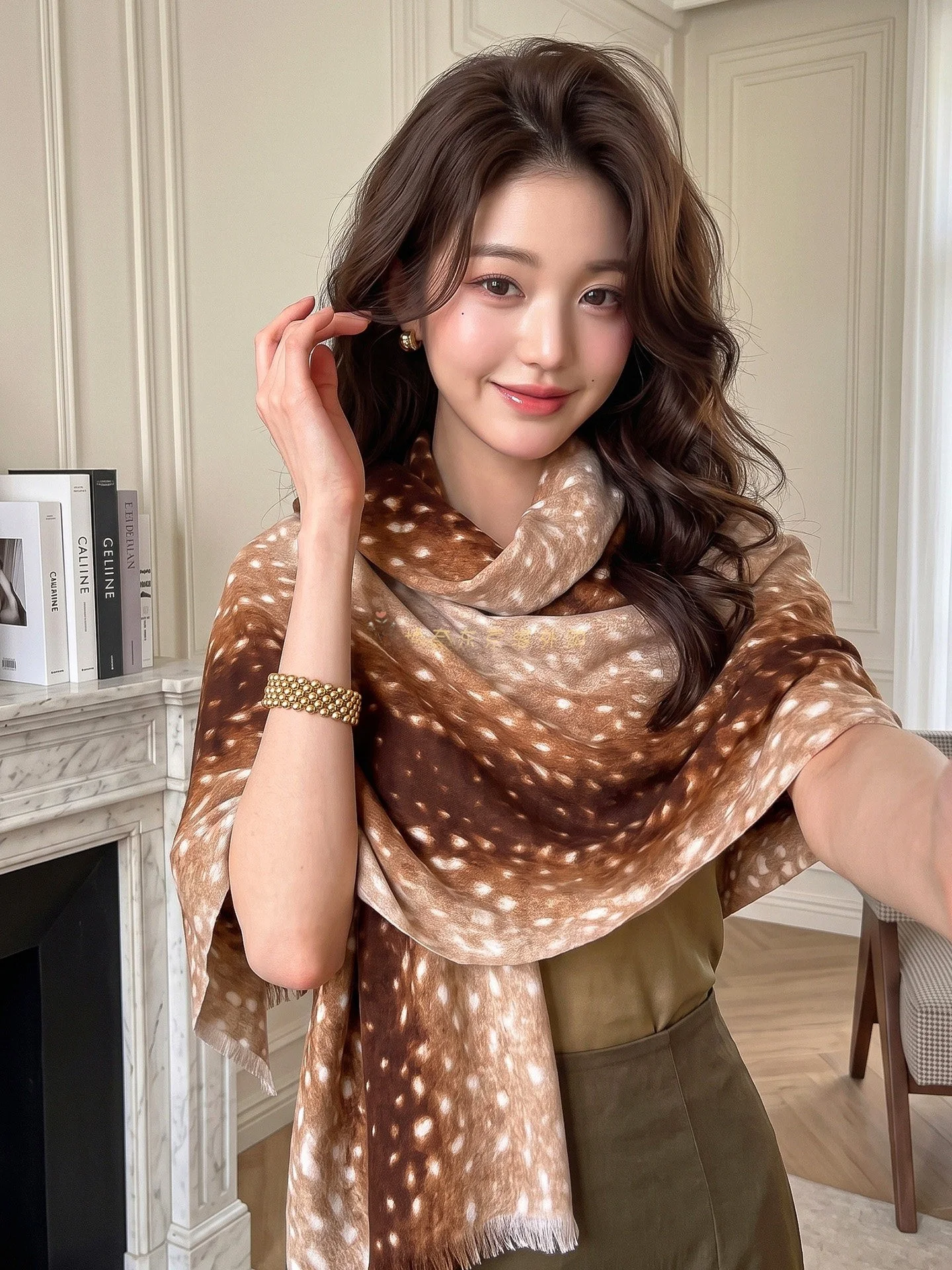 retro-watercolor-painting-print-long-brown-silk-scarf-women's-fashionable-versatile-autumn-new-style-casual-daily-accessory