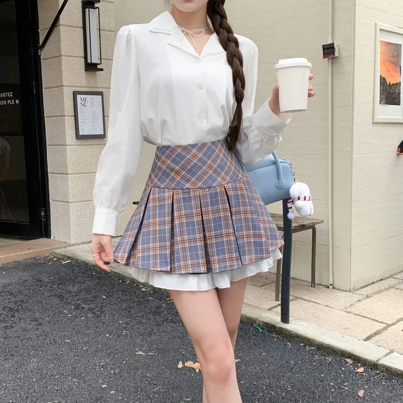 Sweet Plaid Pleated Skirts for Women Casual High Waist Slim Ruffles Skirts Korean Fashion Preppy Style All Match A-line Skirts