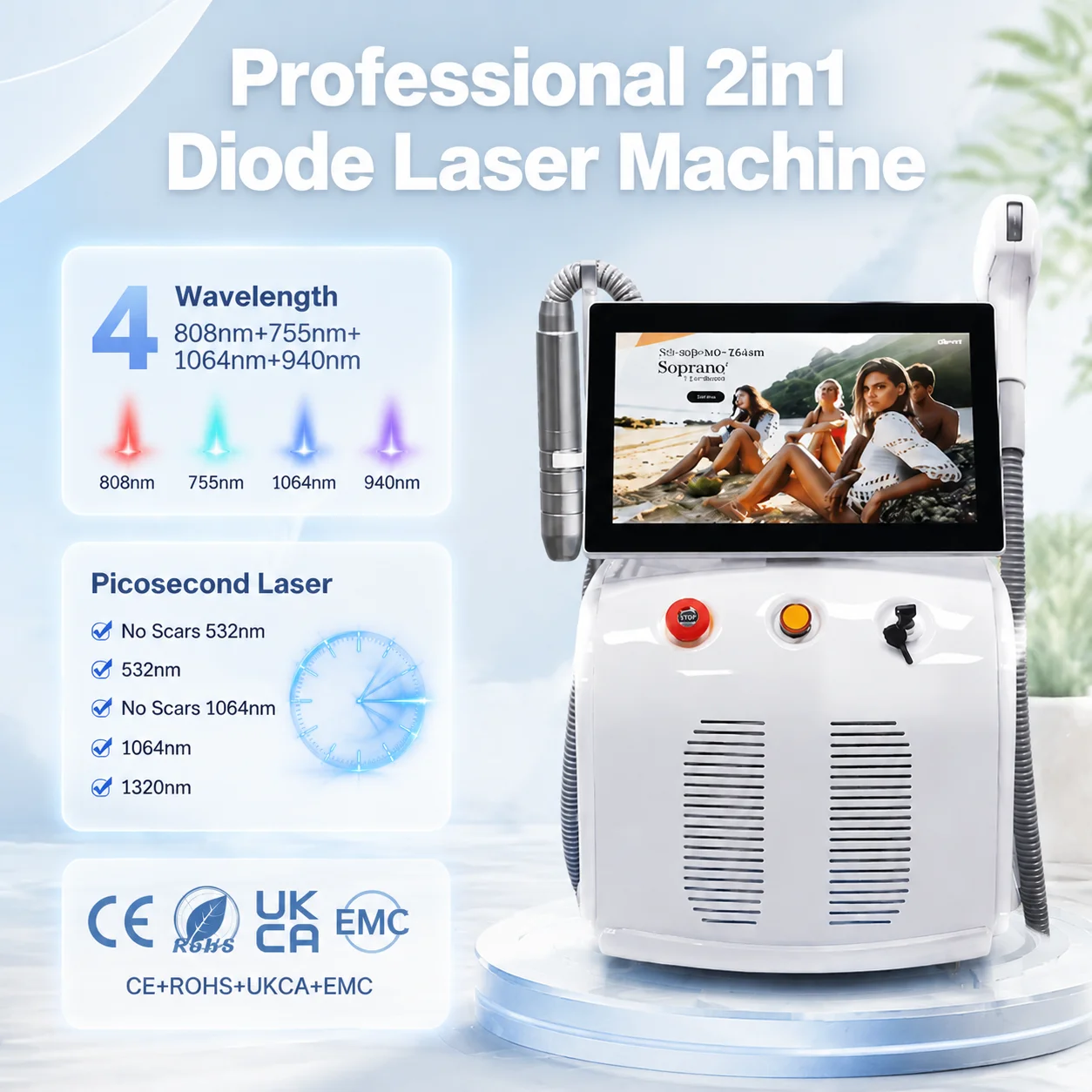 Professional 2in1 Diode Laser Machine 755nm & 1064nm for Tattoo Removal & Permanent Hair Removal with Ice Cooling System