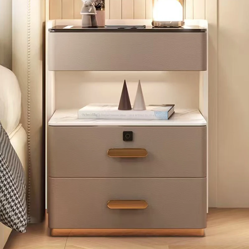*Luxury Smart Bedside Table Three-drawer Wireless Charging Fingerprint Lock Audio Light Features Modern Simple Mdf