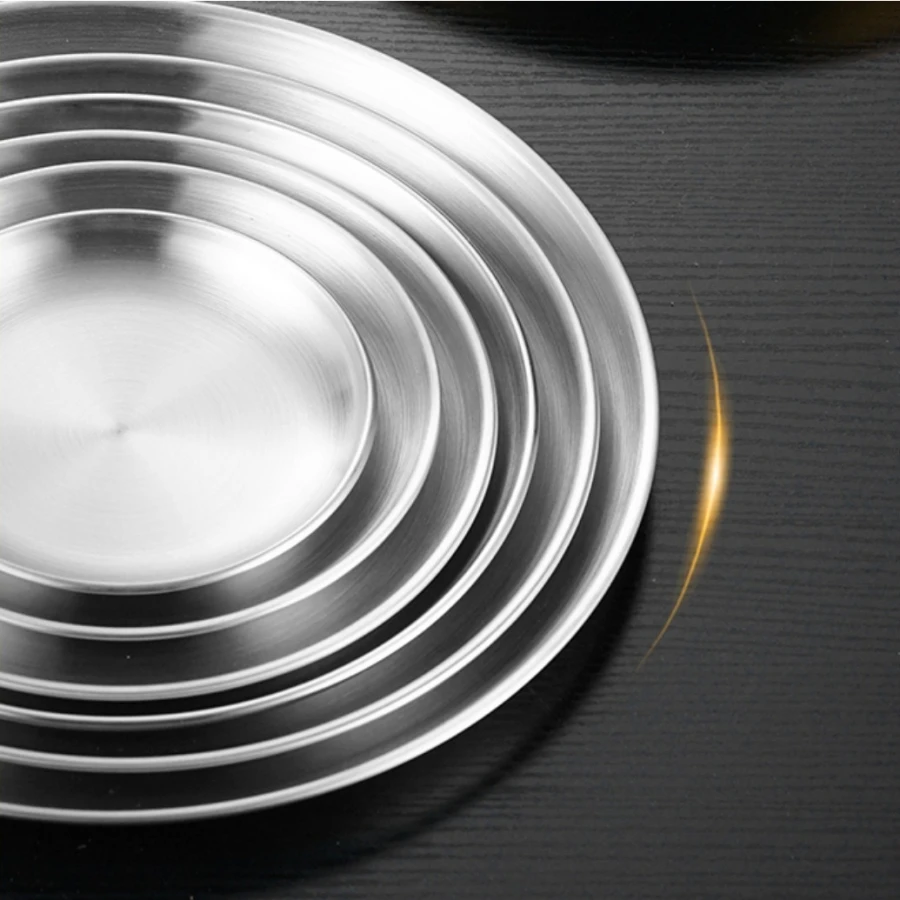 

4pcs Stainless Steel Silver Plates, Korean Style Grilled Meat Plates, Household Circular Trays, Bone Plates, Cake Plates