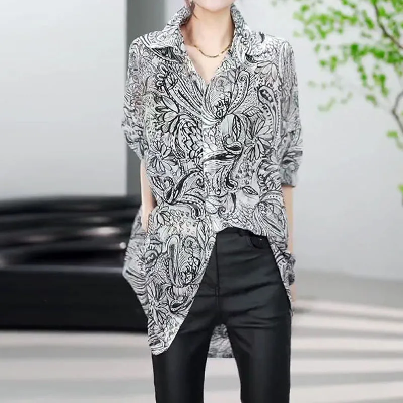 Korean Summer Clothes All-match Women's Printed Long Sleeve Shirt Casual Fashionable Loose Button Midi Blouse Shirts and Blouses