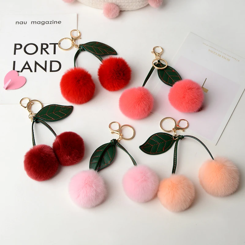 New Plush Pendant Otter Rabbit Hair Cherry Multi-color Car Keychain Cute Pompom Doll Bag Hanging Key Chains