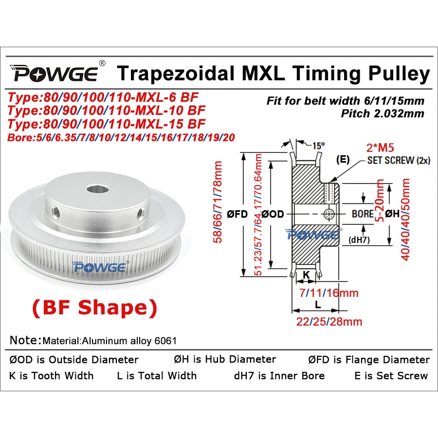 POWGE Trapezoidal 110 100 90 80 teeth MXL Timing Pulley Bore 5/6/8/10/12/14/15/20mm for belt width 6/10/15mm 80T 90T 100T 110T