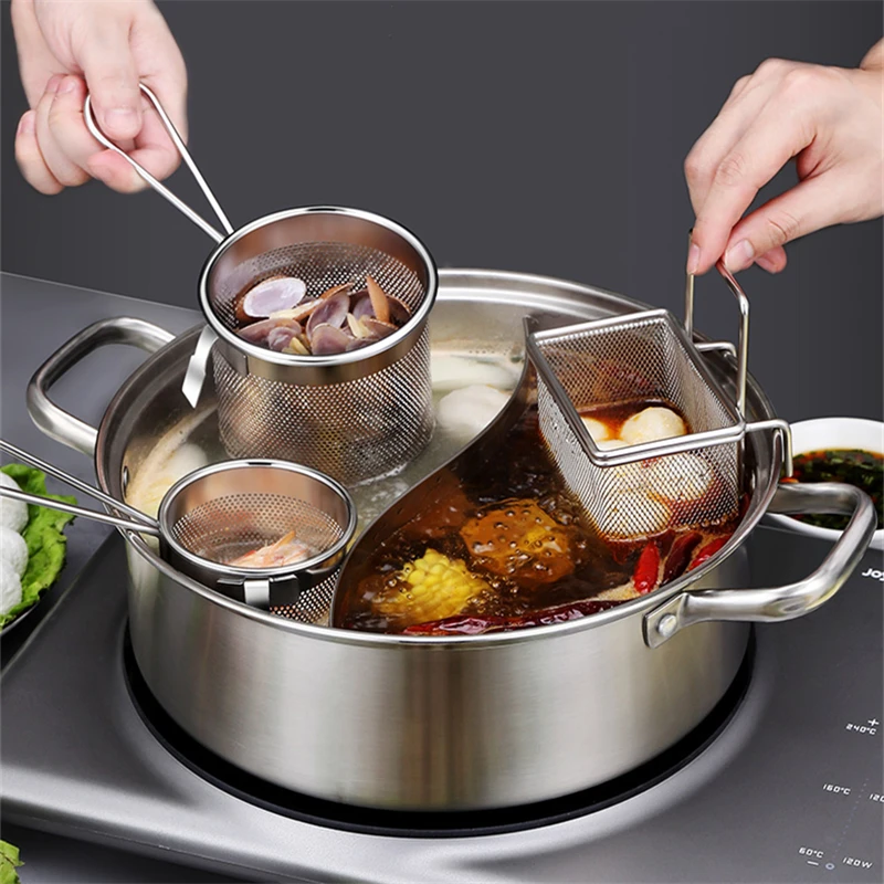 304 Stainless Steel Hot Pot Colander with Hook Fryer Frying Pan Strainer Food Mesh Sieve Pasta Dumplings Filter Kitchen Utensils