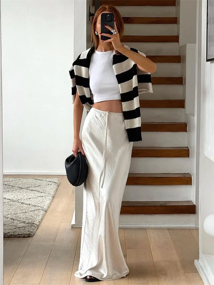 

Summer Casual Lace-Up Maxi Skirt For Women Patchwork Slim High Waist Solid Elegant Bandage Pleated Female Long Skirt 2024