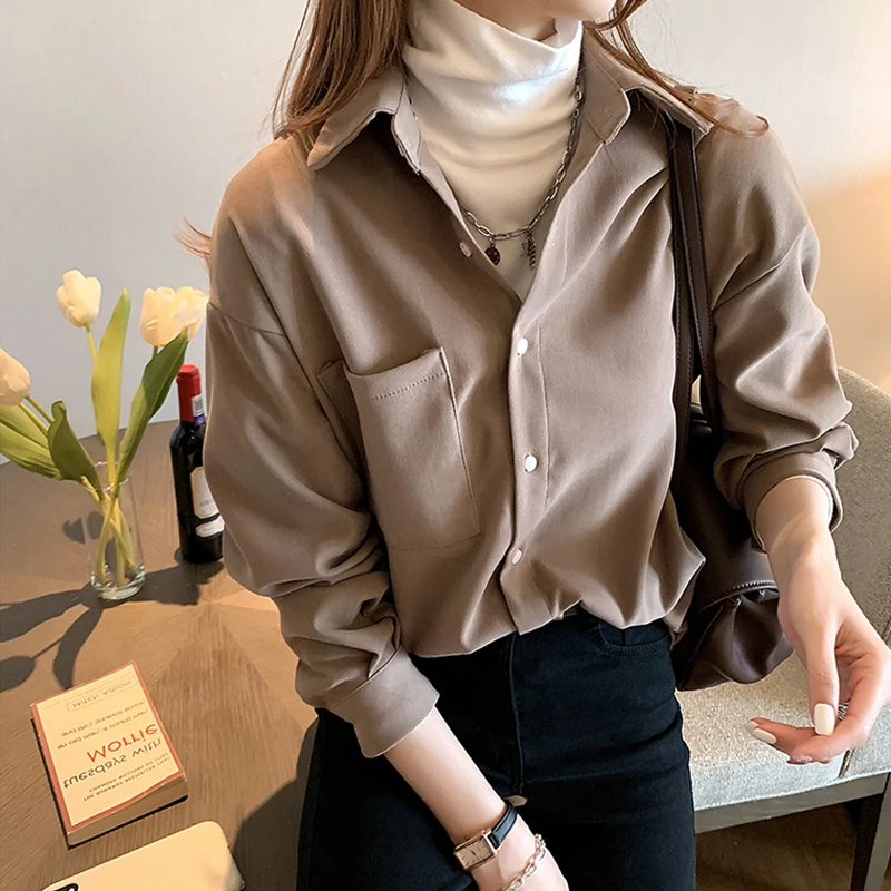 

Retro Hong Kong Sle Women's irt Brand Buttoned Velvet Long Sve Faded Top Layering Clothing Straight Cut Collar