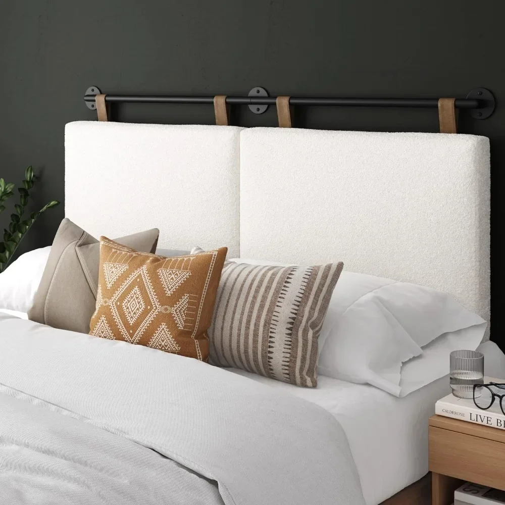 Queen Beds and Furniture Charlie Wall Mount Hanging Upholstered Headboard Bed Heads White Boucle with Brown Faux Leather Straps