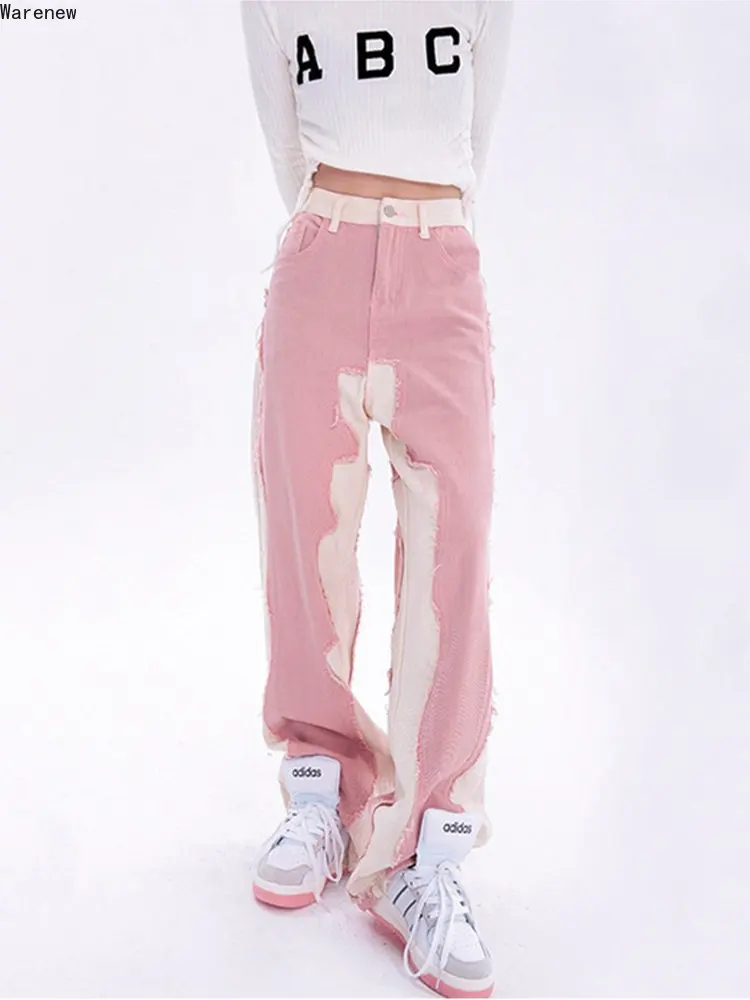 Casual Hip Hop Fashion Y2K Pink High Waist Baggy Jeans Denim Women\'s Wide Leg Streetwear Vintage Straight Trouser Female Pants