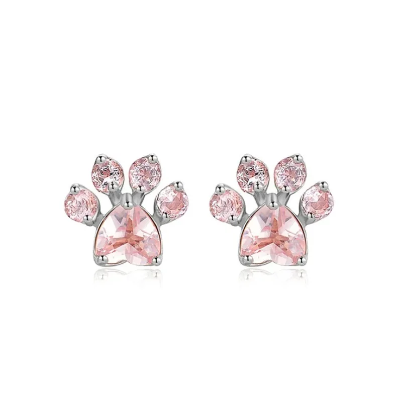 Серьги Женские Creative Footprint Pink Crystal Stud Earrings For Woman Wedding Jewelry Gift Cute Small Cat Claw Earrings