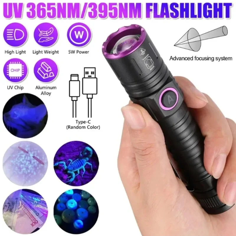 365/395nm UV Flashlight Zoom 5W Type C USB Rechargeable Black Light for Resin Curing, Pet Urine Detection, Scorpion with Battery