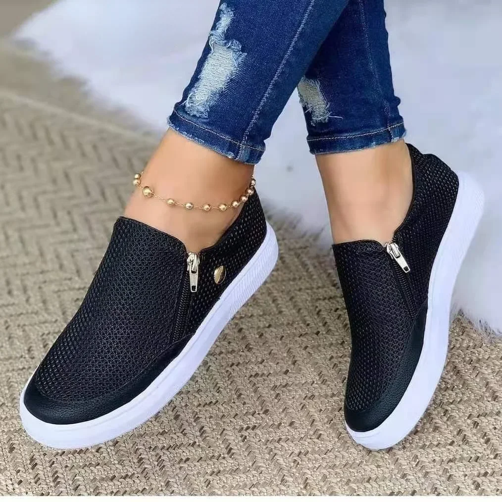 Women Shoes 2023 Fashion Round Toe Flats Loafers Female Slip on Zipper Casual Shoes Autumn Fashion Female Moccasins Plus Size 43