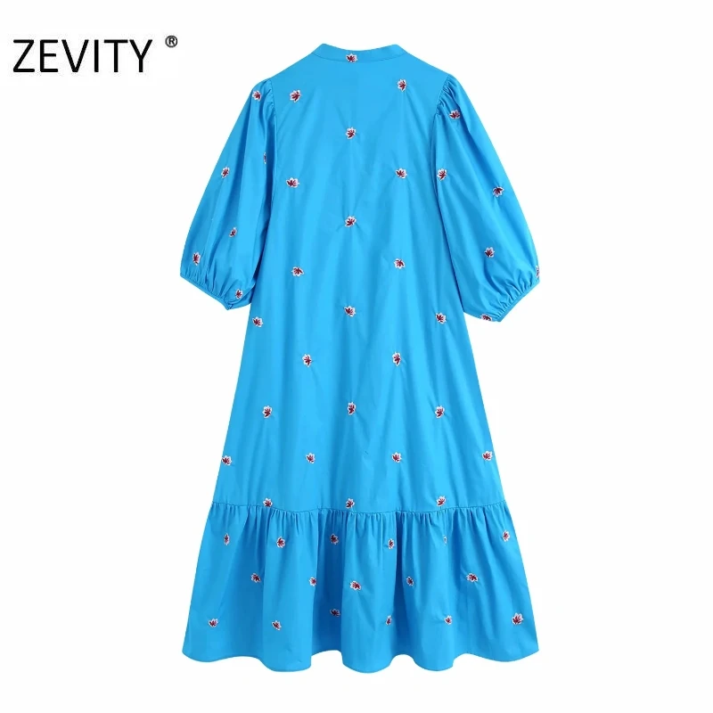 2020 women vintage lantern sleeve flower embroidery midi shirtdress female hem pleats vestidos chic casual loose dresses DS3436