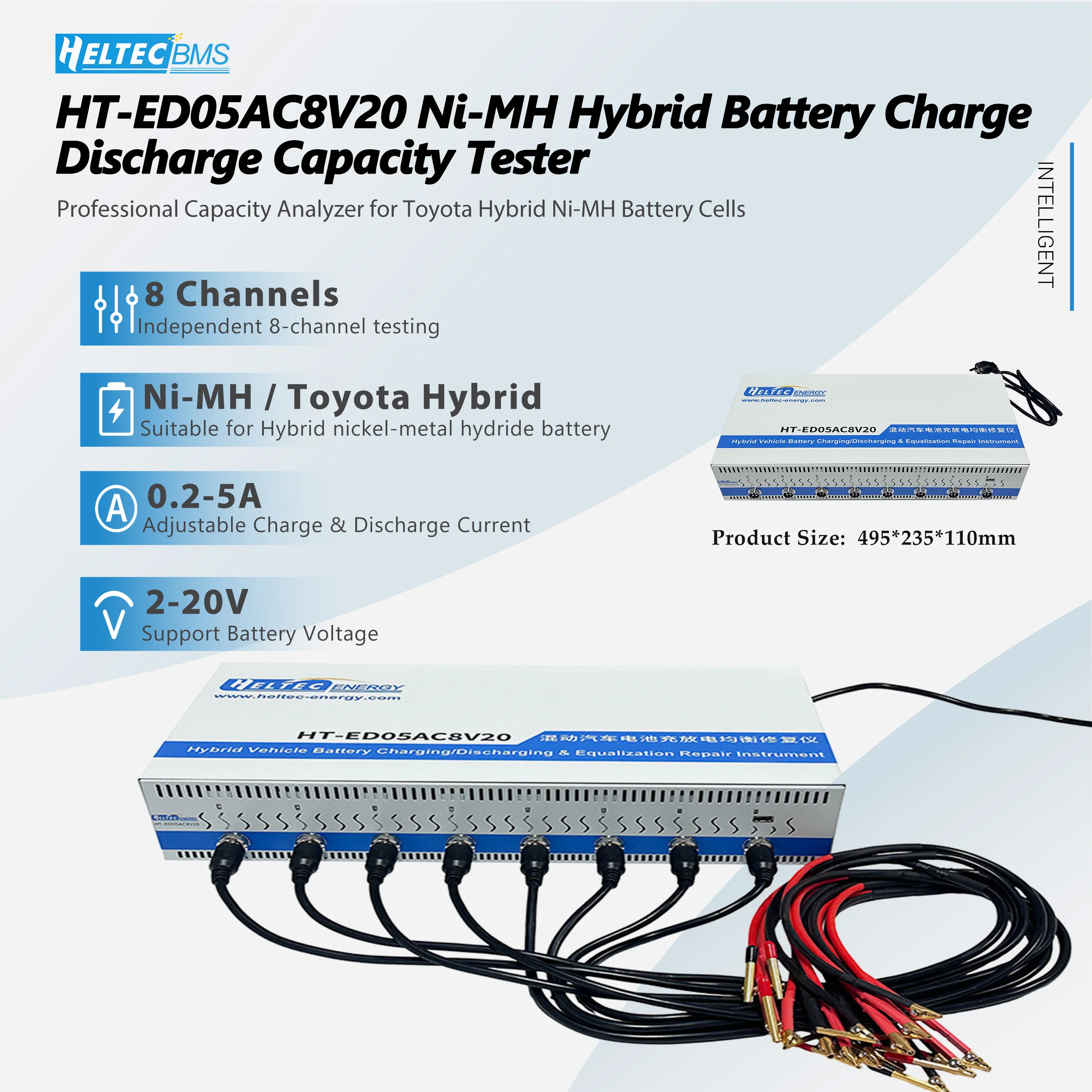 Heltec 8 Channels Hybrid Battery Tester NiMH Battery Charge Discharge Capacity Detector for Toyota Hybrid 04/06/08/12 Cells 2-20V 0.2-5A with PC Software