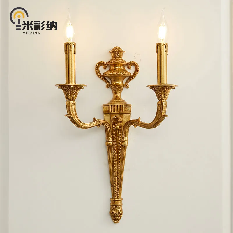 

French style copper wall lamp European retro villa living room pure copper lamp bedroom bedside study simple dewaxed copper lamp