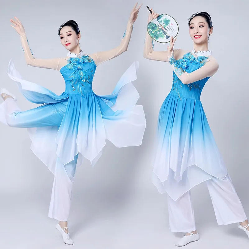 Traje de baile Yangko para mujer, ropa de bailarina de baile nacional chino, ropa Hanfu, paraguas de baile cuadrado elegante, traje de baile abanico