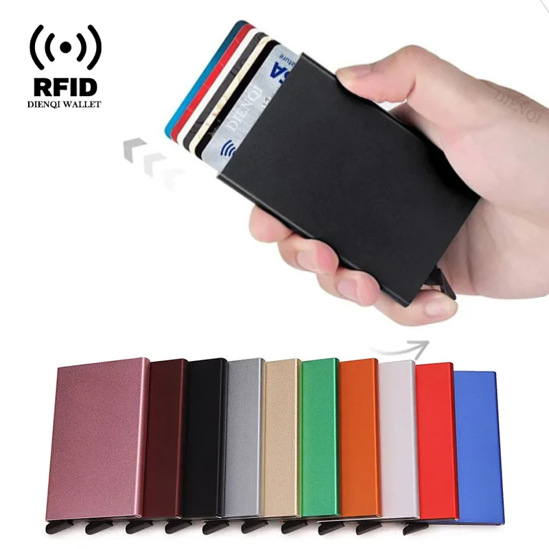 Rfid Creditcardhouder Metaal Dun Slanke Slimme Portemonnee Heren Dames Portefeuilles Pop-up Minimalistische Kleine Zwarte Portemonnee Mini Portefeuilles voor Heren