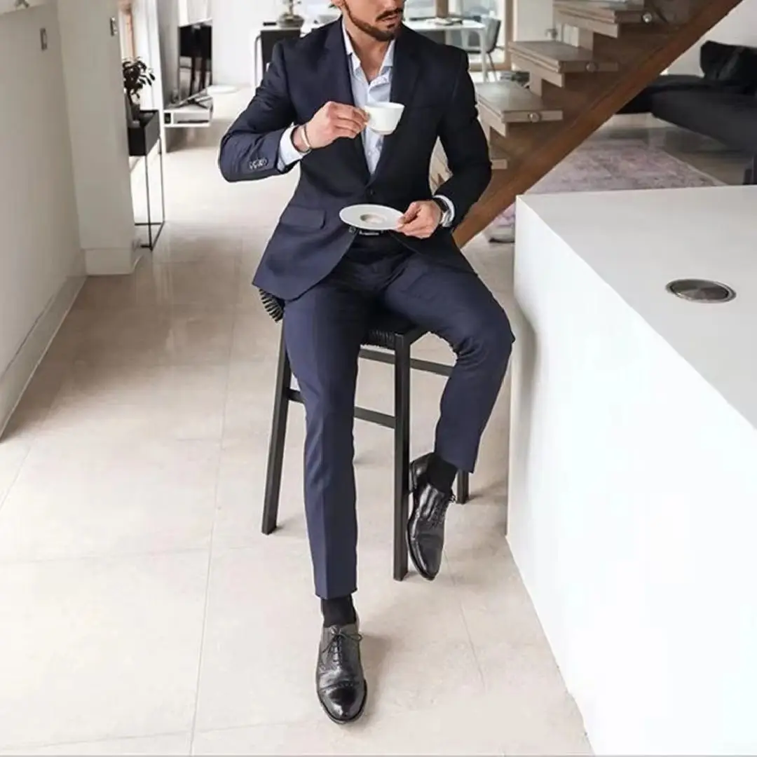 Navy Blue 2-Piece Men's Tuxedo Suits for Groomsmen Best Man Wedding Party Dinner Latest Design Casual Formal Wear Jacket And Pan