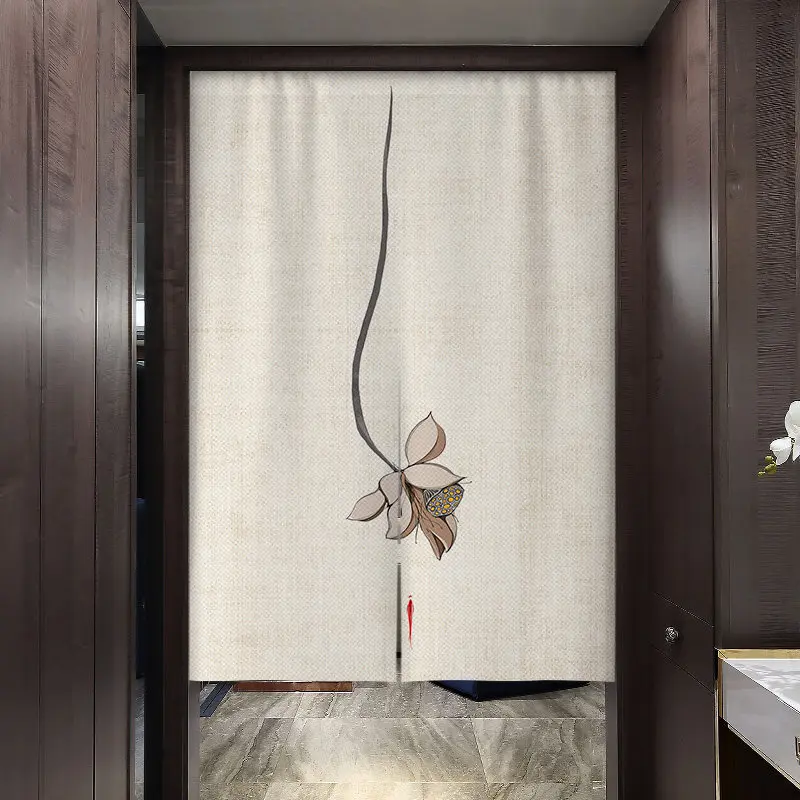 VIKAMA Minimal Zen Ink Single Lotus Noren Curtain Rod Pocket Entry Bathroom Elegant New Chinese Fabric Cover Partition Curtain