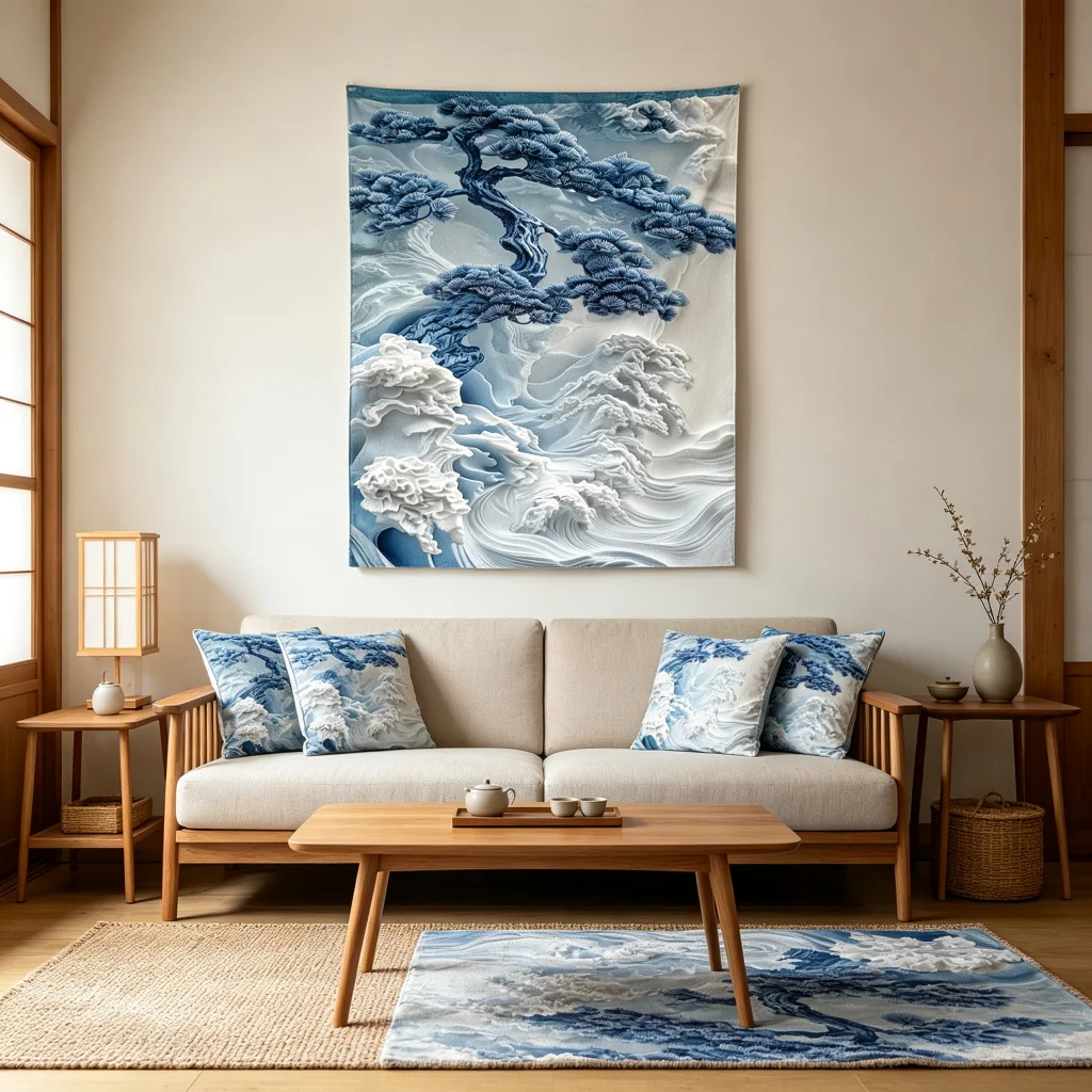1PC Blue White Pine Art Print Backdrop Banner, Bedroom Living Room Photo Background, Polyester, Home Decor, Wall Art
