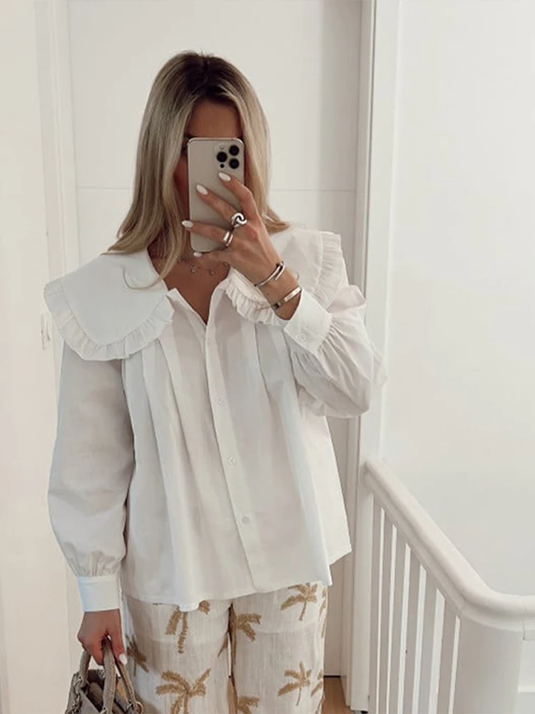 Pleated Doll Collar Solid Shirts Women Single Breasted Long Lantern Sleeve Loose Blouse 2024 Spring Lady New Casual Commuter Top