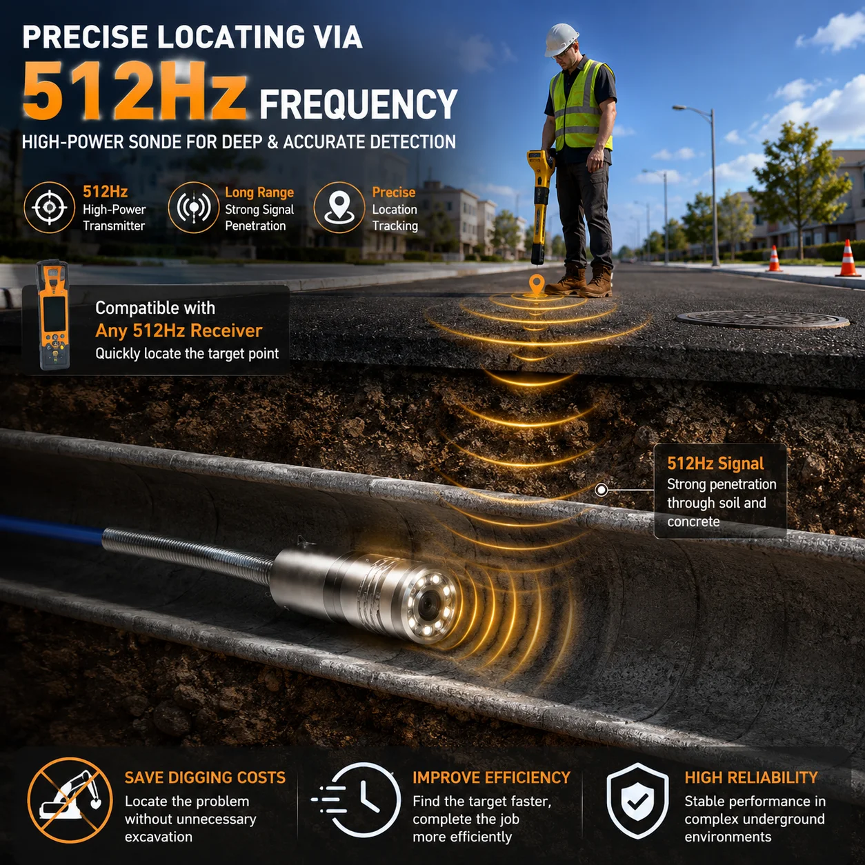 MYT Industrial Borescope With 512Hz Sonde Self Balancing 100ft Pipeline Inspection Camera 7 Inch Screen DVR Recorder Meter Count