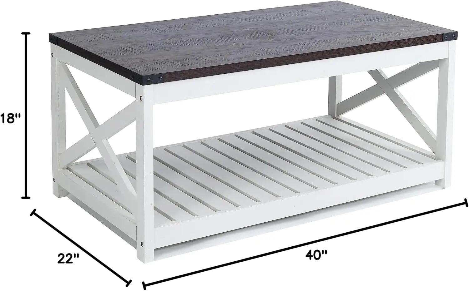 Farmhouse Coffee Table with Slatted Shelf and Corner Protection, 40 Inches, Vintage White/Espresso
