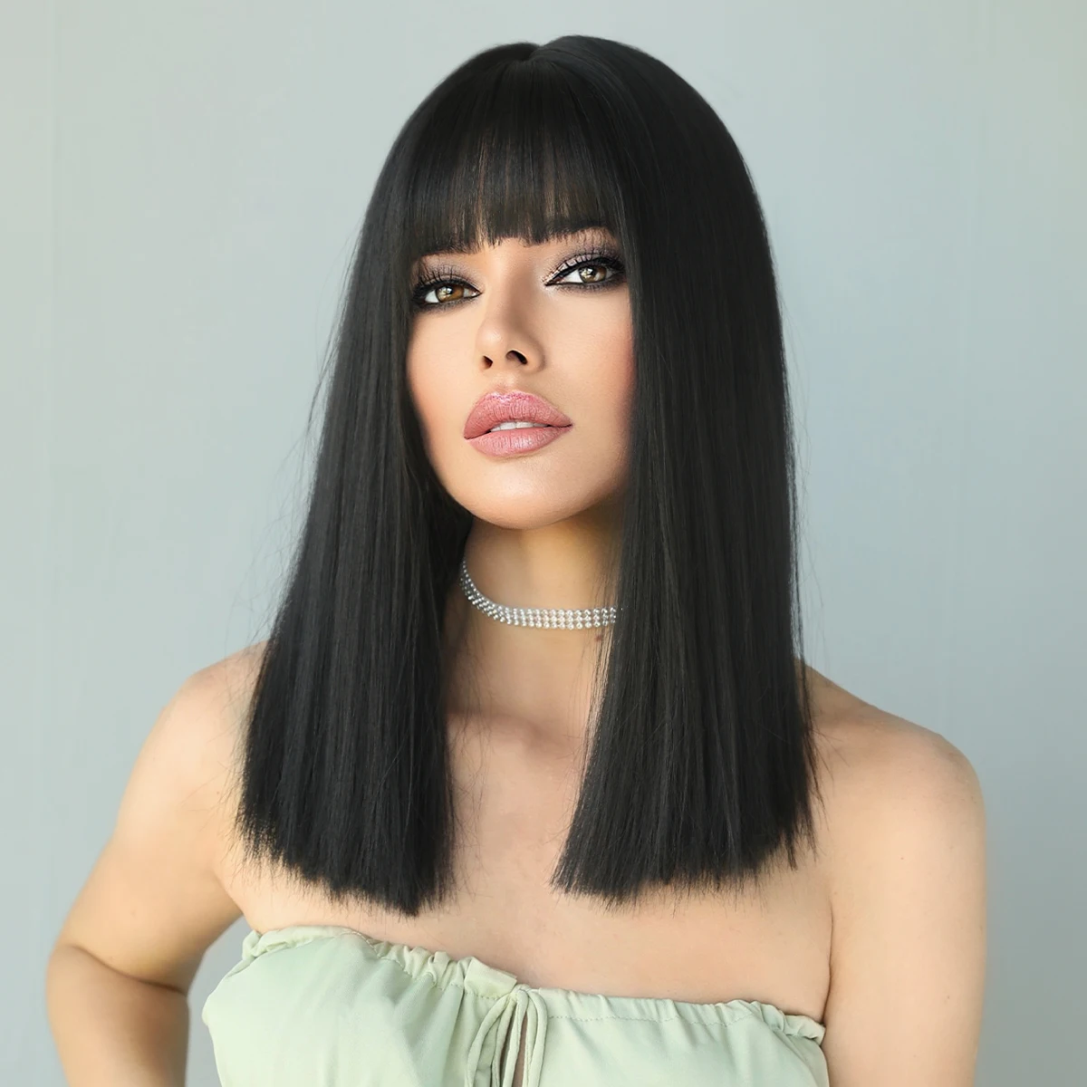 NAMM Natural Long Straight Synthetic Black Wigs with Bangs Heat Resistant Wig for Women Cosplay Lolita Wig for Afro Black Female