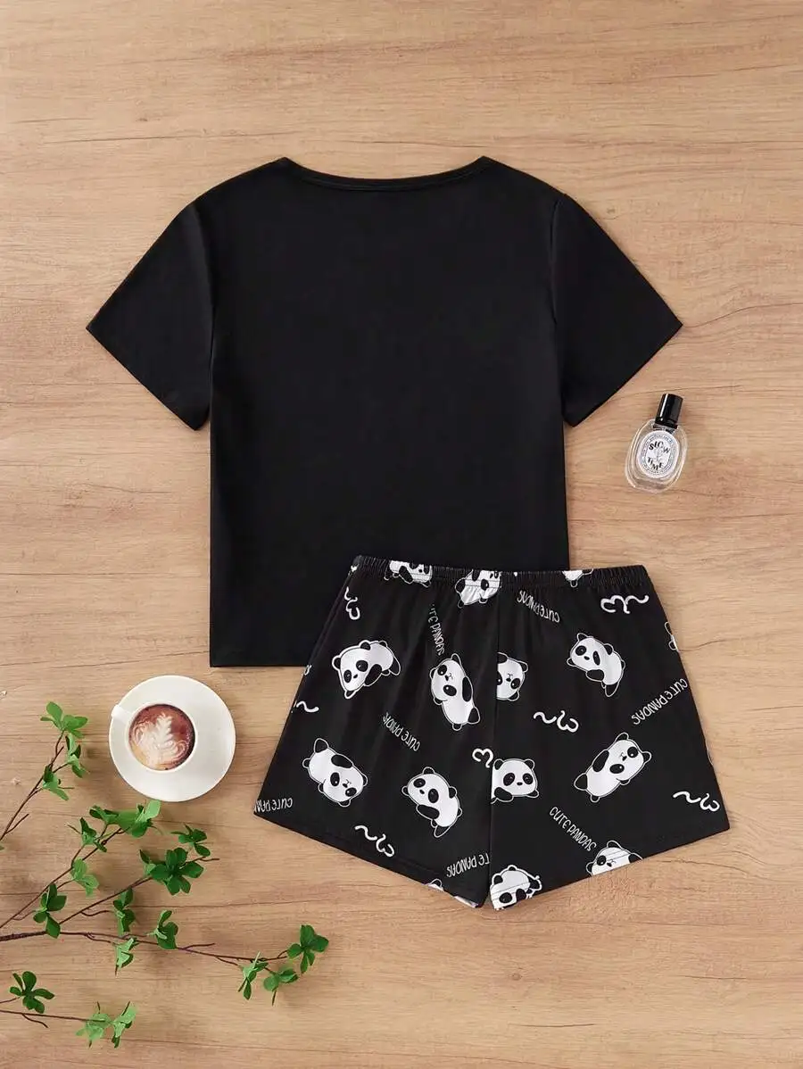 

Panda Print Short Sleeve Pajama Set For Women