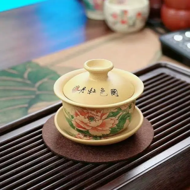 Yixing Hand-Painted Boccaro Cup, Segment Mud Tea Drinking Cup, Jiangnan Spring Kung Fu Tea Set, Handmade Gaiwan Retro, Landscape