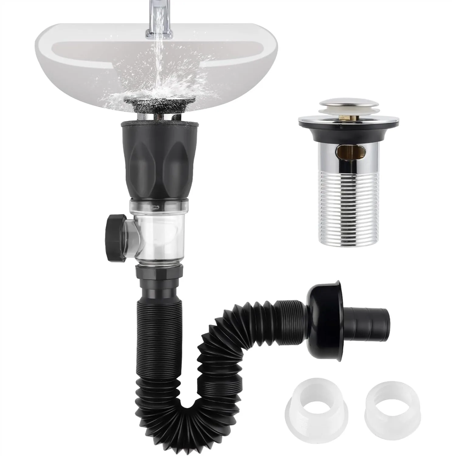 

Flexible Bathroom Sink Drain Kit with Pop Up Stopper, Expandable P-Trap Pipe for 1-1/4", 1-1/2", 2" Holes, Chrome