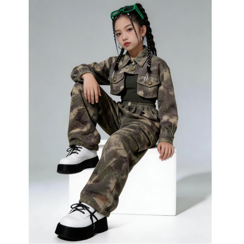 

Новый костюм для джазовых танцев, детская одежда в стиле K-pop и хип-хоп, камуфляжная укороченная рубашка, майка для девочек, повседневные широкие брюки карго в уличном стиле
