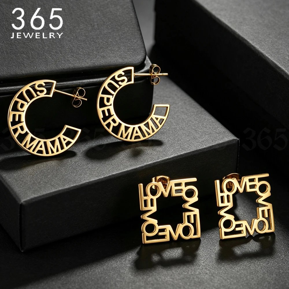 365 Custom Name Logo Stud Earrings Personalized Fashion Jewelry for Women Stainless Steel Letter Circle Earring Hot Girl Gifts