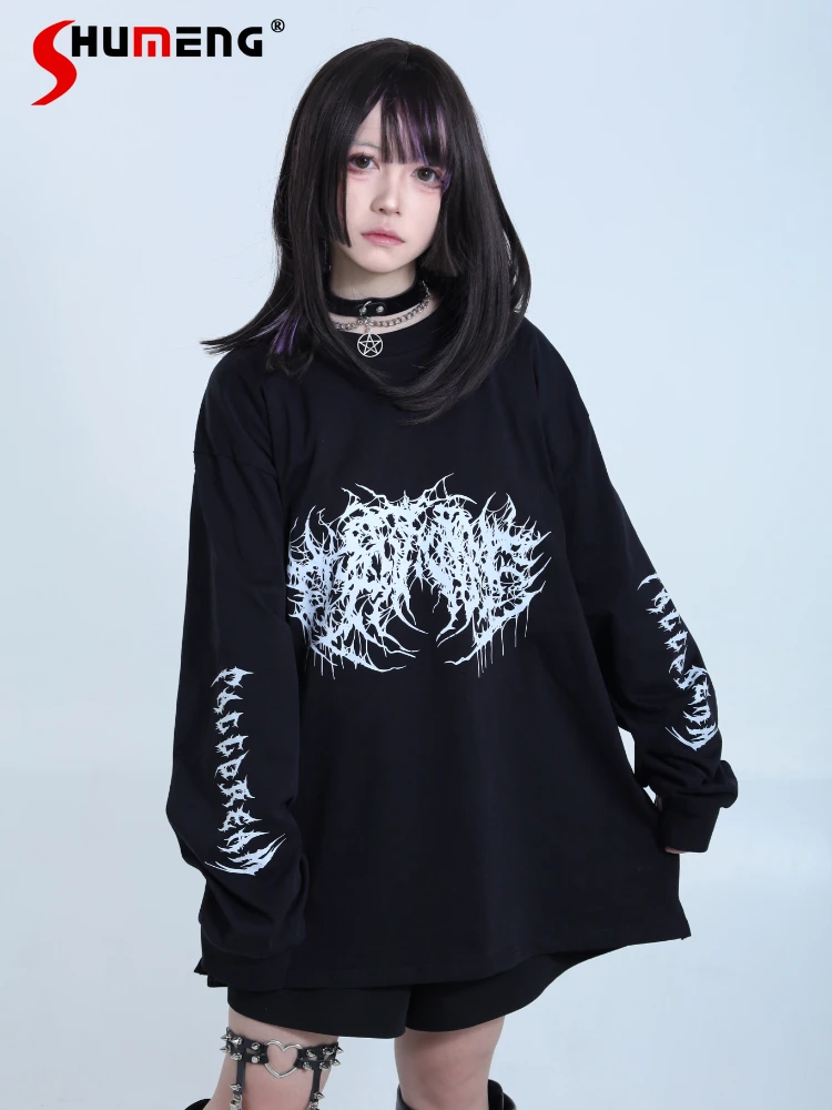 

Japanese Mine Style Cotton Long Sleeve Sweatshirt Gothic Subculture Round Neck Loose Black Printed Pullover Hoodie Women Spring