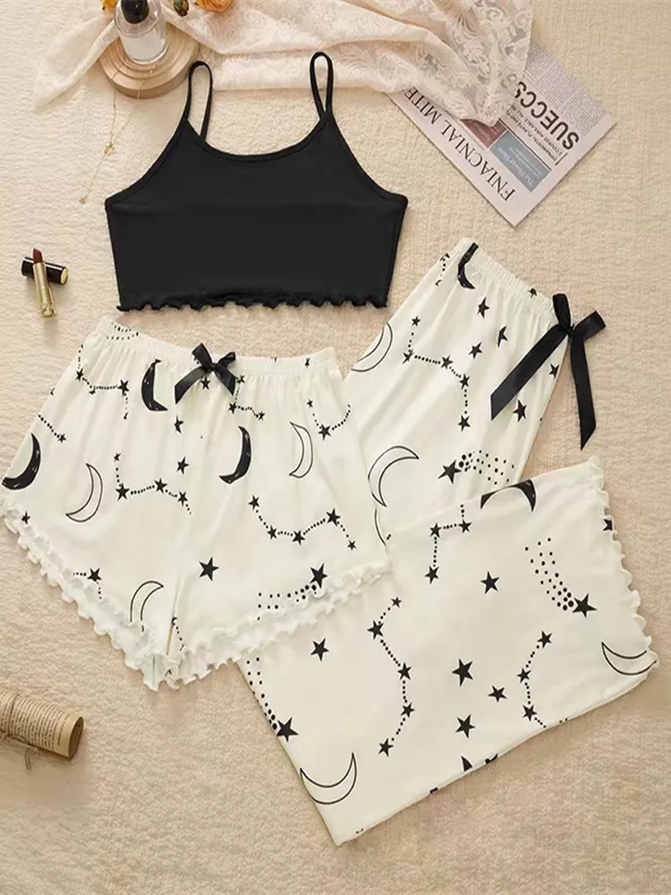 Summer Milk Silk Pajamas Fashion Print Suspenders Shorts Trousers Three-Piece Plus Size Valentine\'s Birthday Christmas gifts