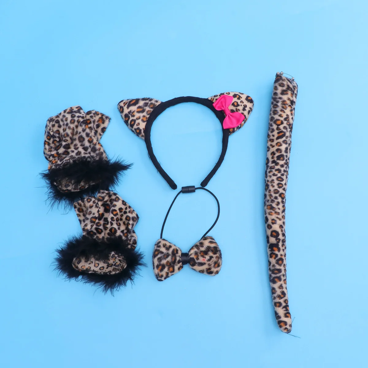 4Pcs Leopard Headband Tie Tail Gloves Set Funny Halloween Party Costume Masquerade Cosplay Holiday Animal Props Accessory