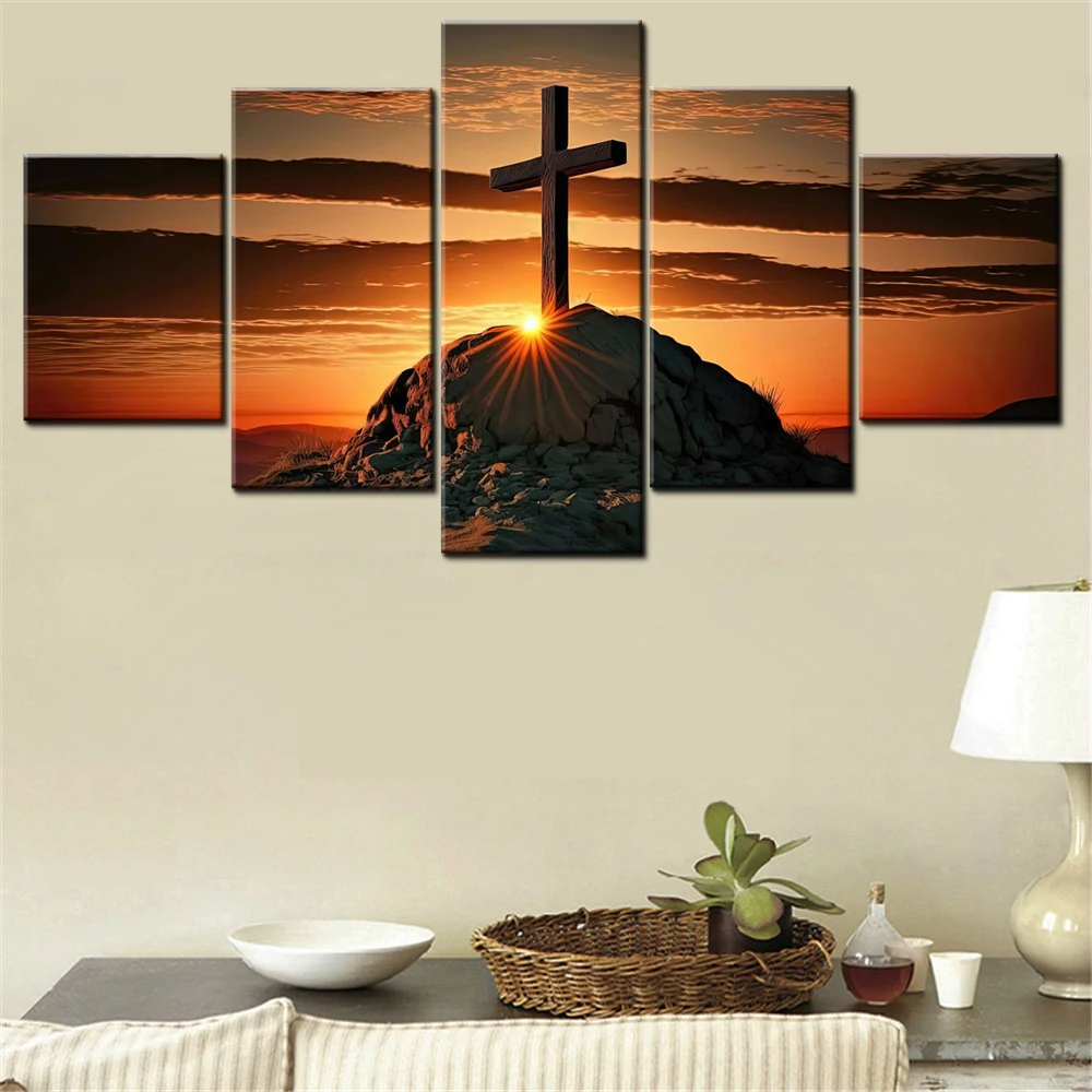 5 Pieces Canvas Wall Arts Poster Painting Graphics CGI Christian cross AI art Wallpaper Interior Home Decor Picture Printing Art