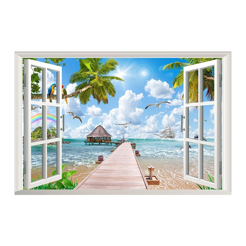 Outside the 3D Window Sea View Mural Pier Palm Tree Scenery Vinyl Wall Stickers Home Decorations Seabird Parrot Poster Wallpaper