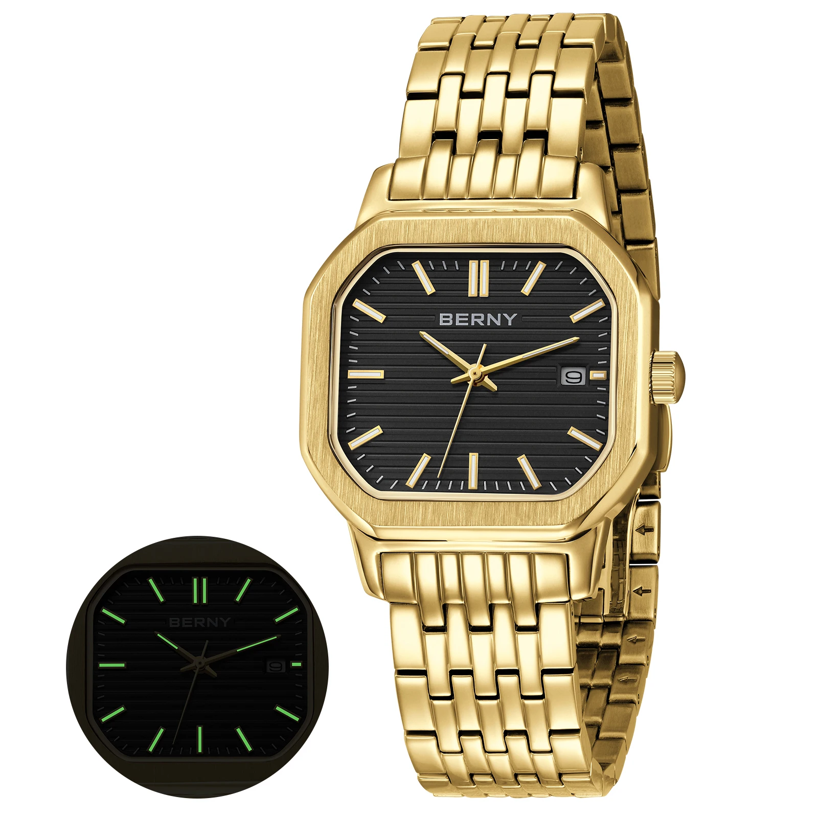 

BERNY Luxury Watches for Men Date Luminous Quartz Dress Golden Men's Watch Fashion Elegant Rectangle Dial Business Wristwatch