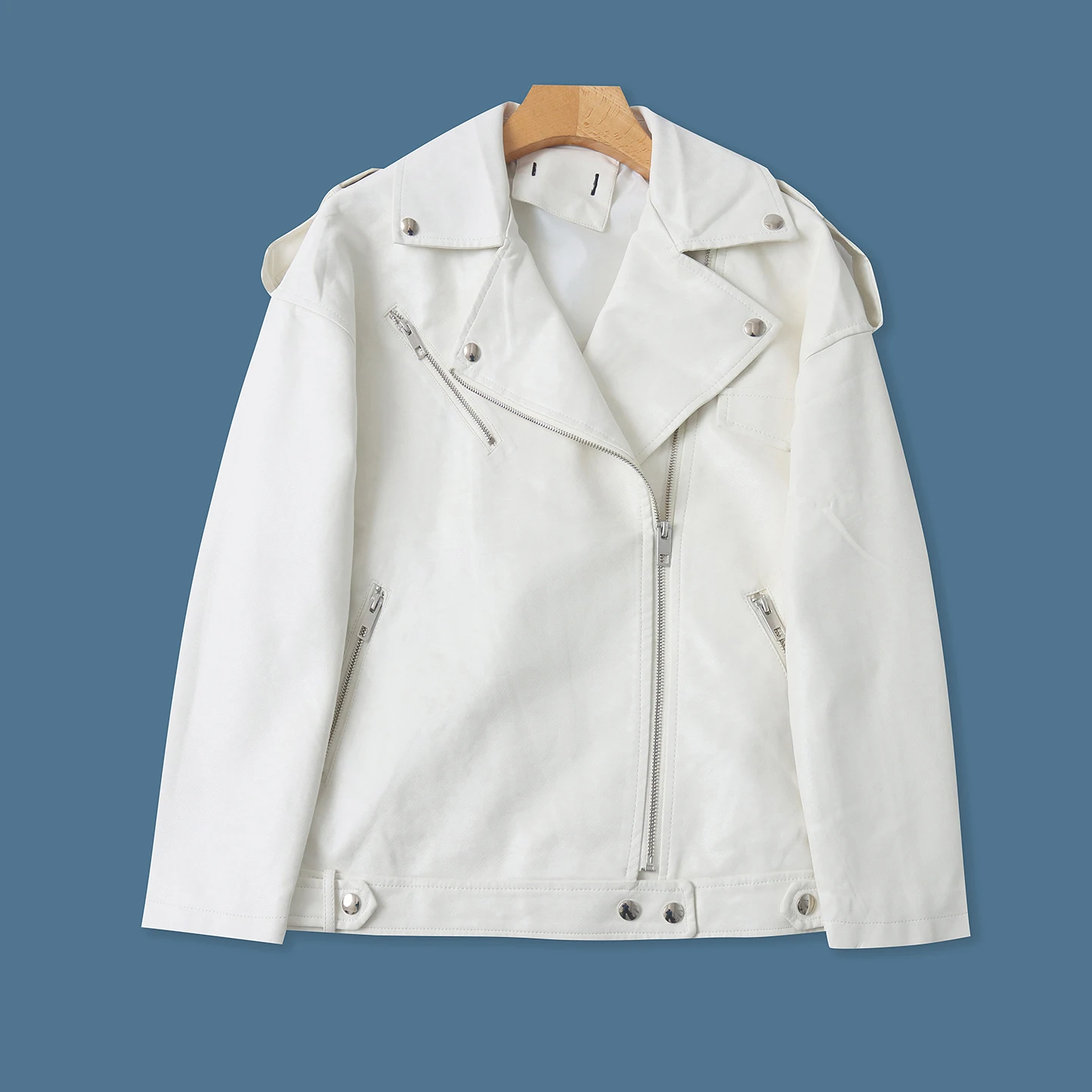 Fashionable Loose PU Leather Motorcycle Jacket Women's Spring Autumn New Style Zipper Long Sleeve Collar Flip Clothing Top