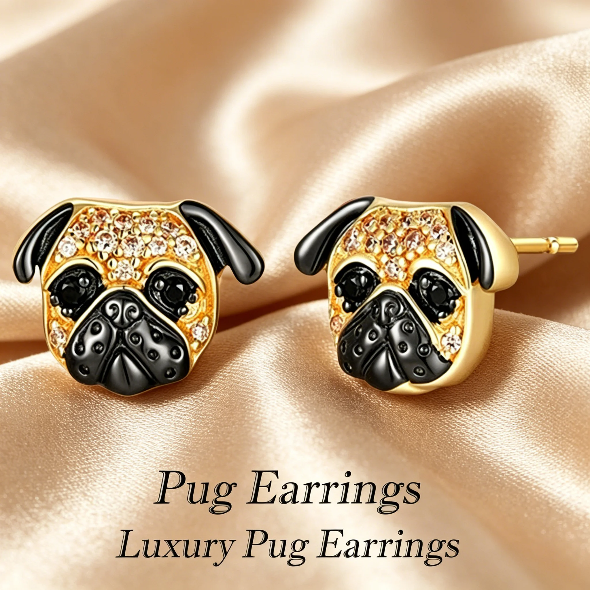 Aretes de Perro Pug Adorables en Tono Dorado con Detalles Negros, Joyería de Aleación de Zinc para Mujeres Amantes de los Perros, Regalo de Cumpleaños