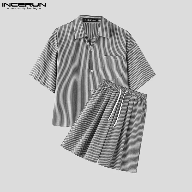 

Summer Men's Sets Short Sleeve Tops Stripe Shirt Lapel Tee Loose Casual Shorts INCERUN Fashion 2PCS Suit Short Trousers Oversize