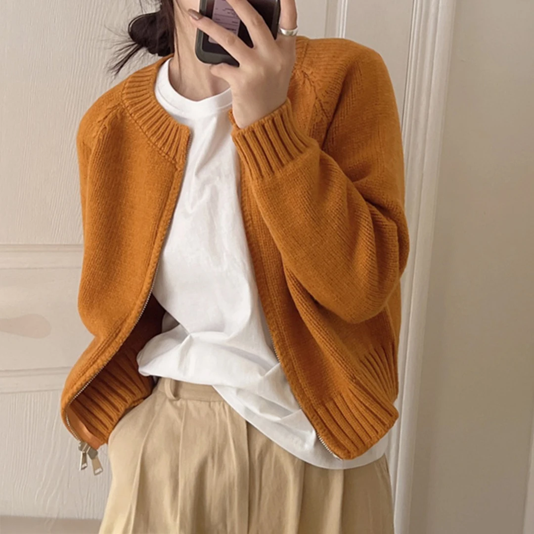 

Свитер на молнии, кардиган для женщин, однотонный вязаный жакет с длинным рукавом и круглым вырезом на молнии спереди, осенне-зимняя повседневная одежда для девочек-подростков